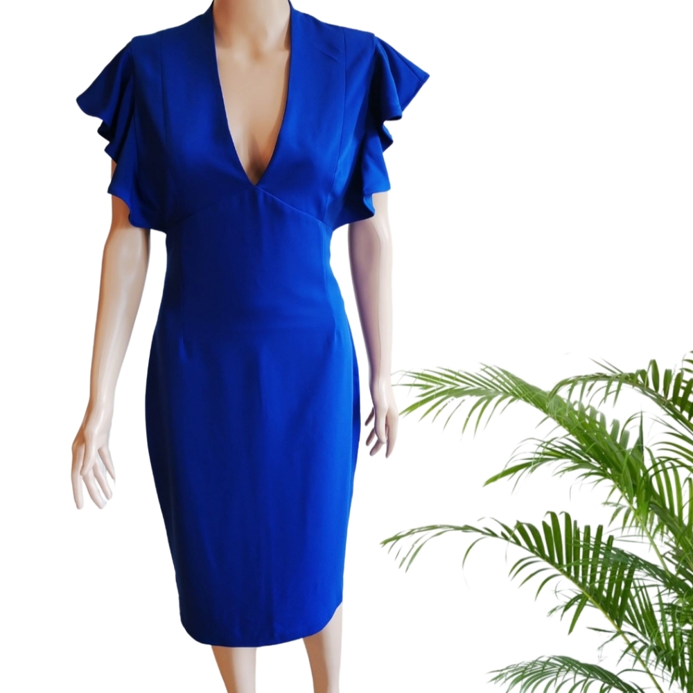 ALEXIA ADMOR Ruffle Sleeve V-Neck Sheath Blue Dress M
